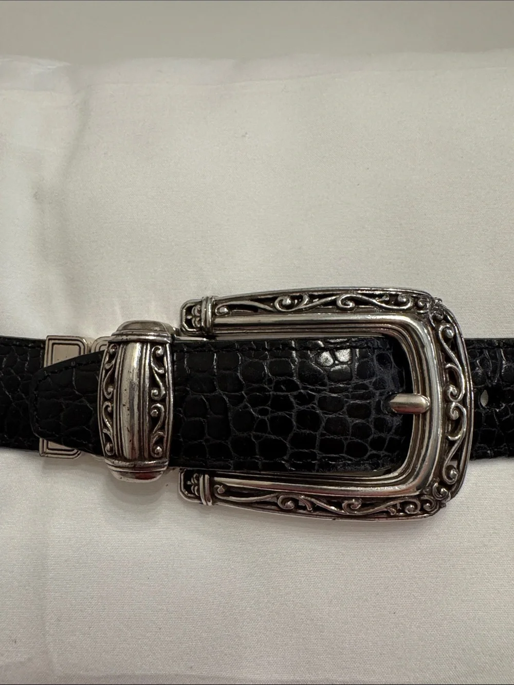 Vintage Brighton Reversible Croc-Embossed Leather Belt w/Ornate Silver Buckle